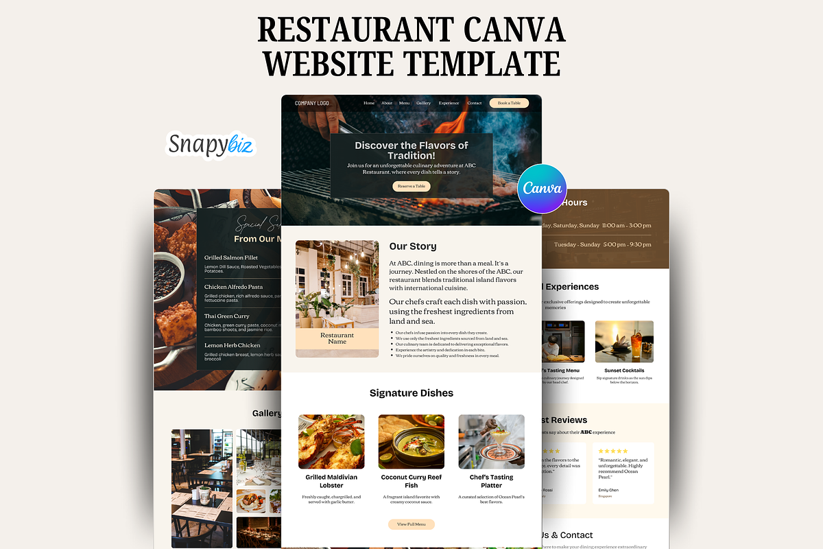 Restaurant Website Canva Templates, a Landing Page Template by Snapybiz (Photo 1 of 11)
