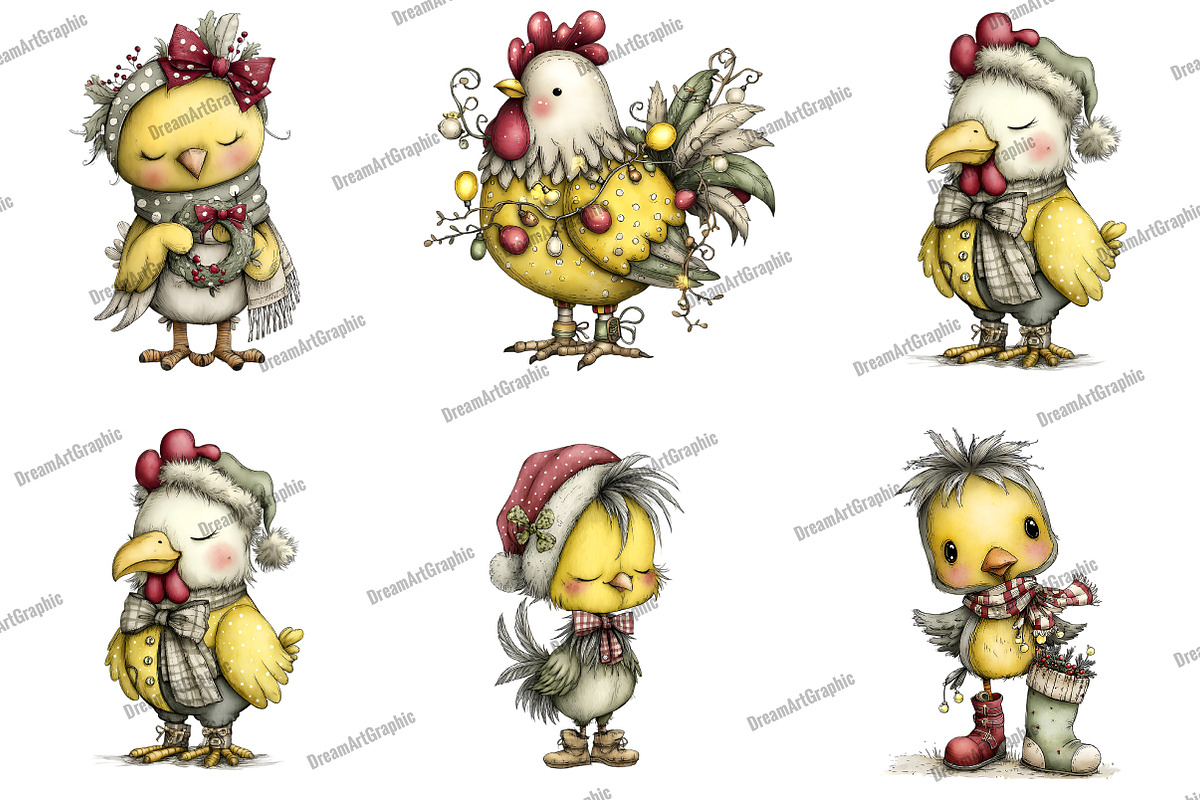 Whimsical Christmas Chickens Clipart, an Illustration by DreamArtGraphic (Photo 3 of 4)