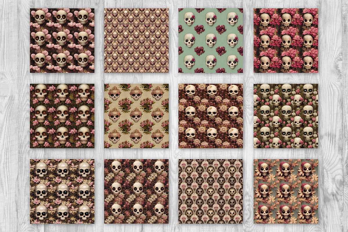 Cute Pink Flower Skull Pattern Set, a Pattern Graphic by Skritch Studio (Photo 2 of 5)