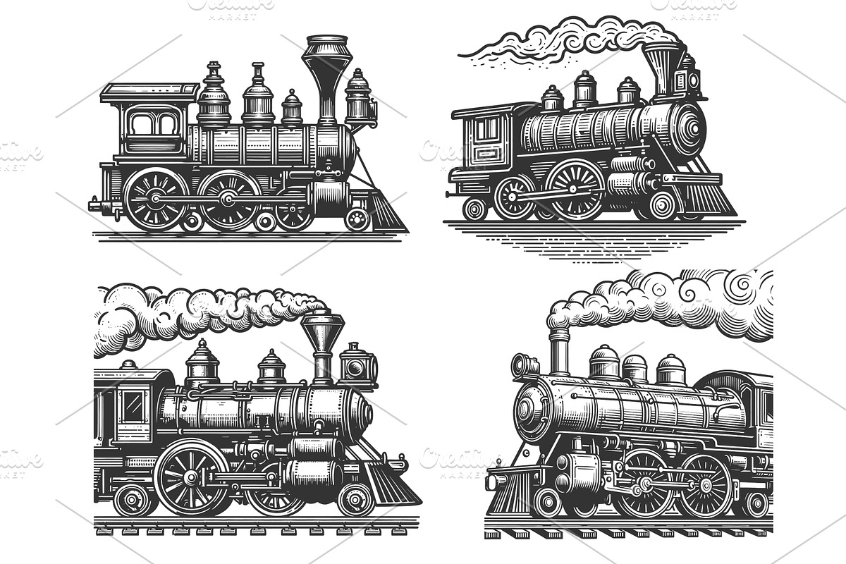 Steam Locomotive Train engraving, a Transportation Illustration by AlexArt