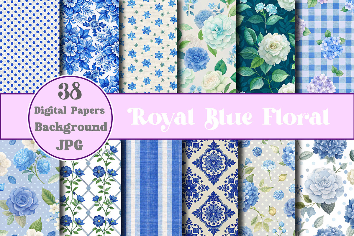 Royal Blue Floral Digital Paper, a Texture Graphic by Wow Magic (Photo 1 of 2)
