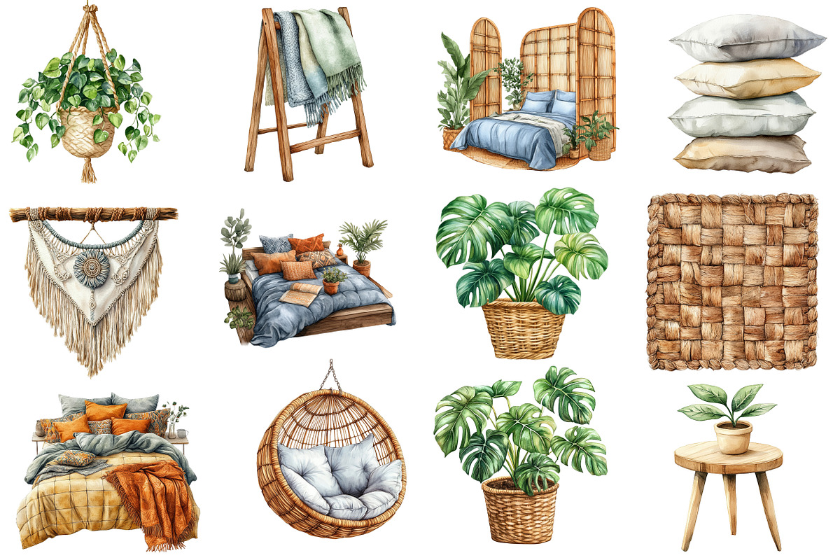 Watercolor Boho Interior Clipart, an Illustration by Designworld (Photo 5 of 6)