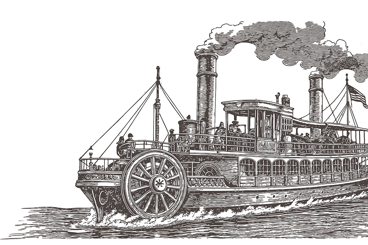 Antique paddle steamer. Engraving, a Graphic by Designs by Helen Trupak