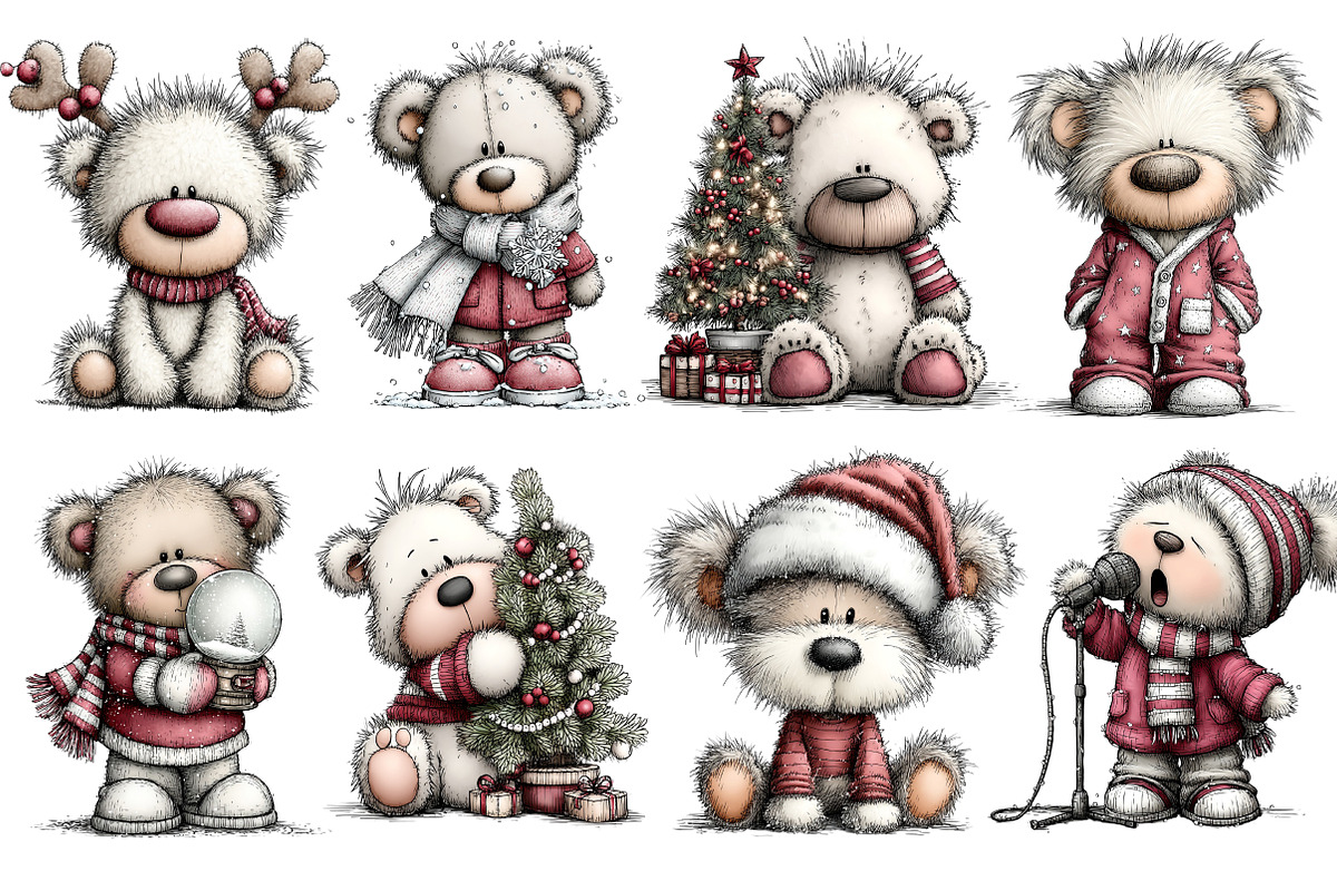 Whimsical Christmas Teddy Bear Clipa, a Seasonal Illustration by YA Design (Photo 2 of 7)