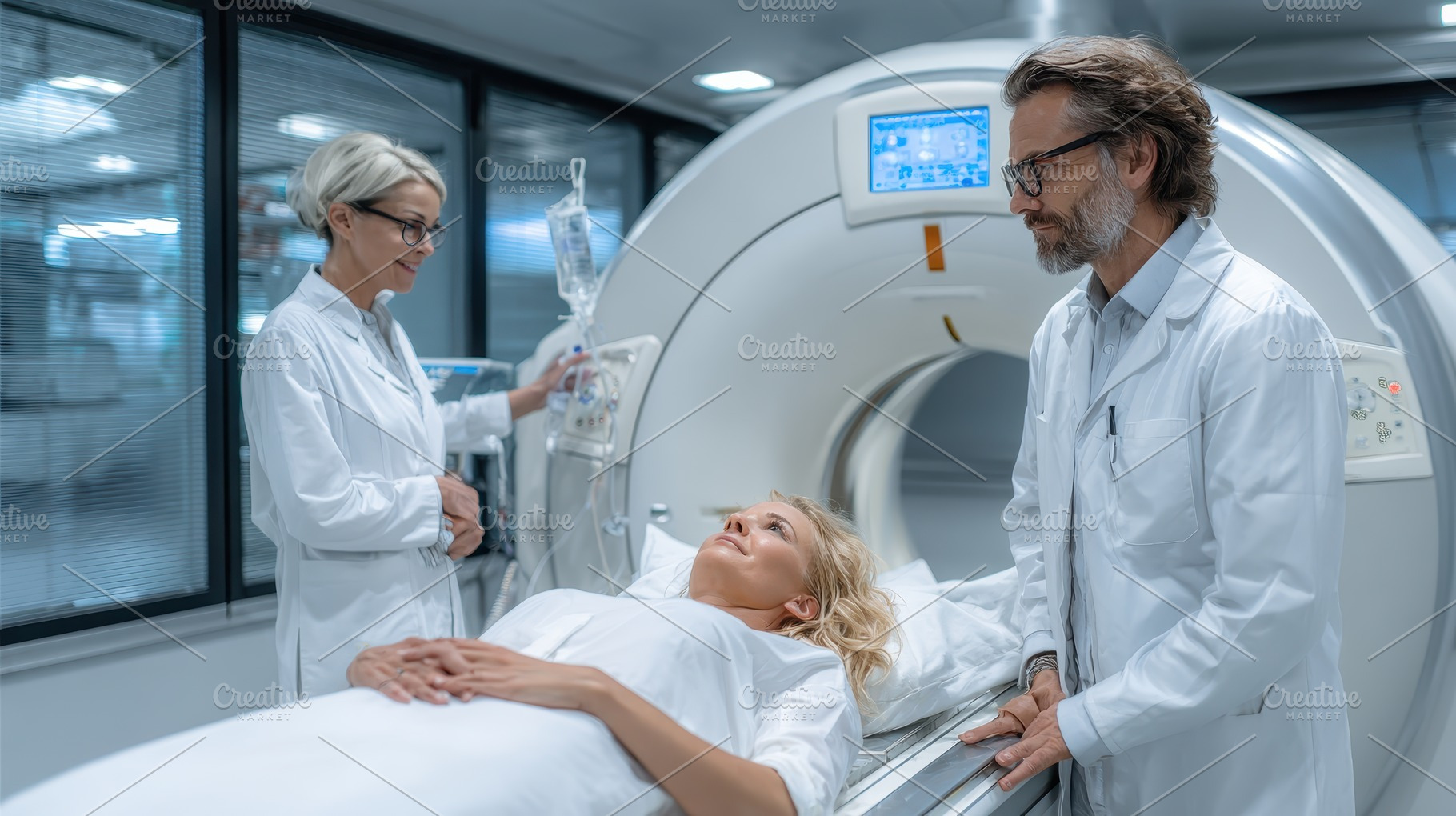Woman undergoing MRI scan with docto, a Photo by Pixeness Studio