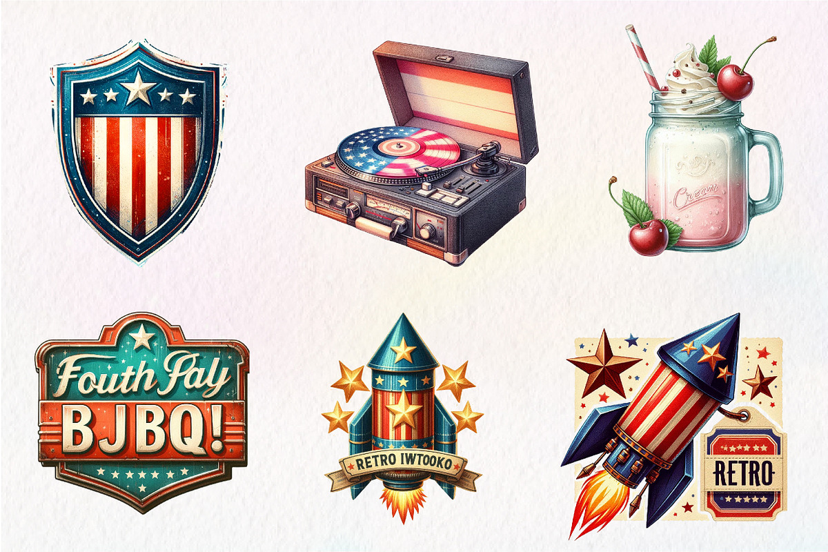 Watercolor Retro 4th of July Clipart, an Illustration by CreationArt (Photo 5 of 9)
