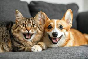 Charming cat and dog duo having fun, a Photo by Pavel_design