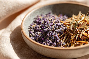 Lavender and dried herbs arranged in a decorative bowl in natural light, a Beauty & Fashion Photo by AlyaAnd