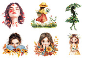 Girls with Fall Flowers Clipart, an Illustration by CreationArt (Thumbnail 2 of 4)
