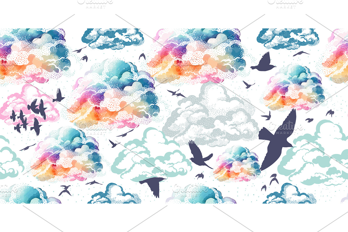 Clouds colored seamless background, an Illustration by Nenahliadava Design