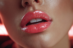 Close-up of influencer woman showcasing glossy lip makeup in vibrant setting, a Person Photo by OSORIOartist