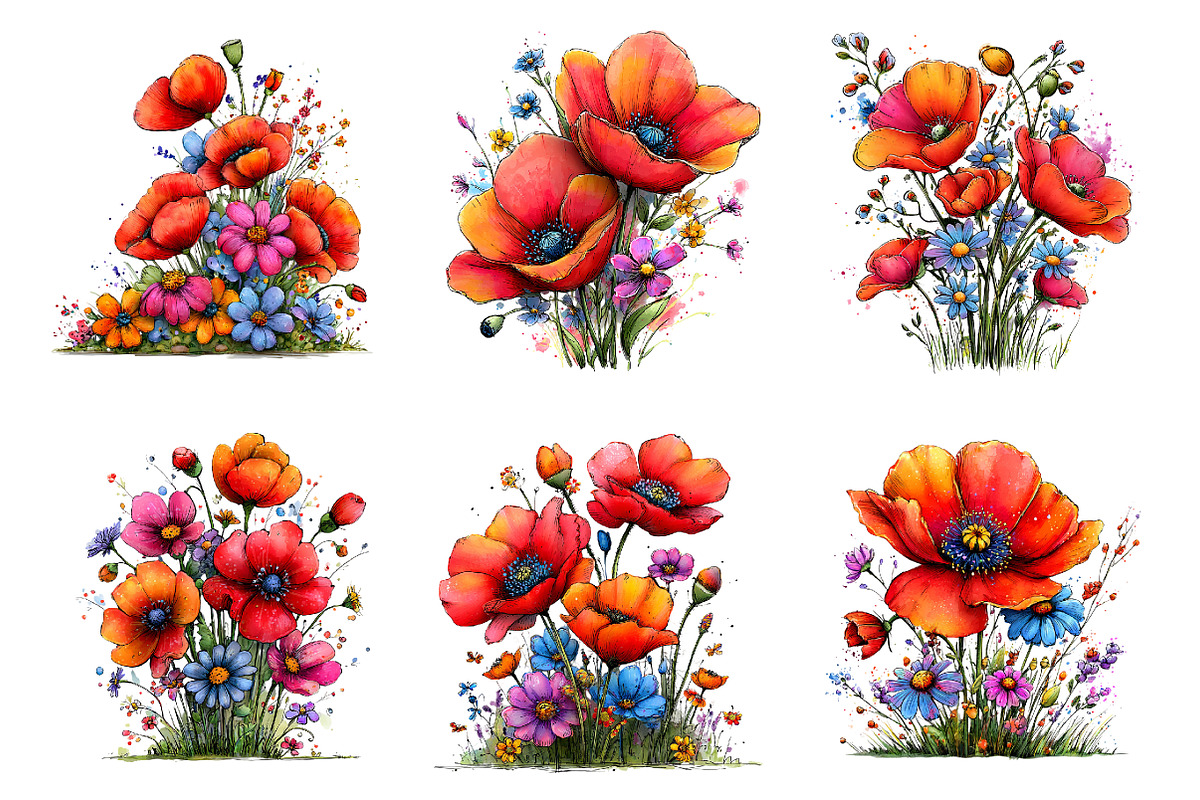 Spring meadow poppies clipart, an Illustration by SinaCreation (Photo 3 of 11)