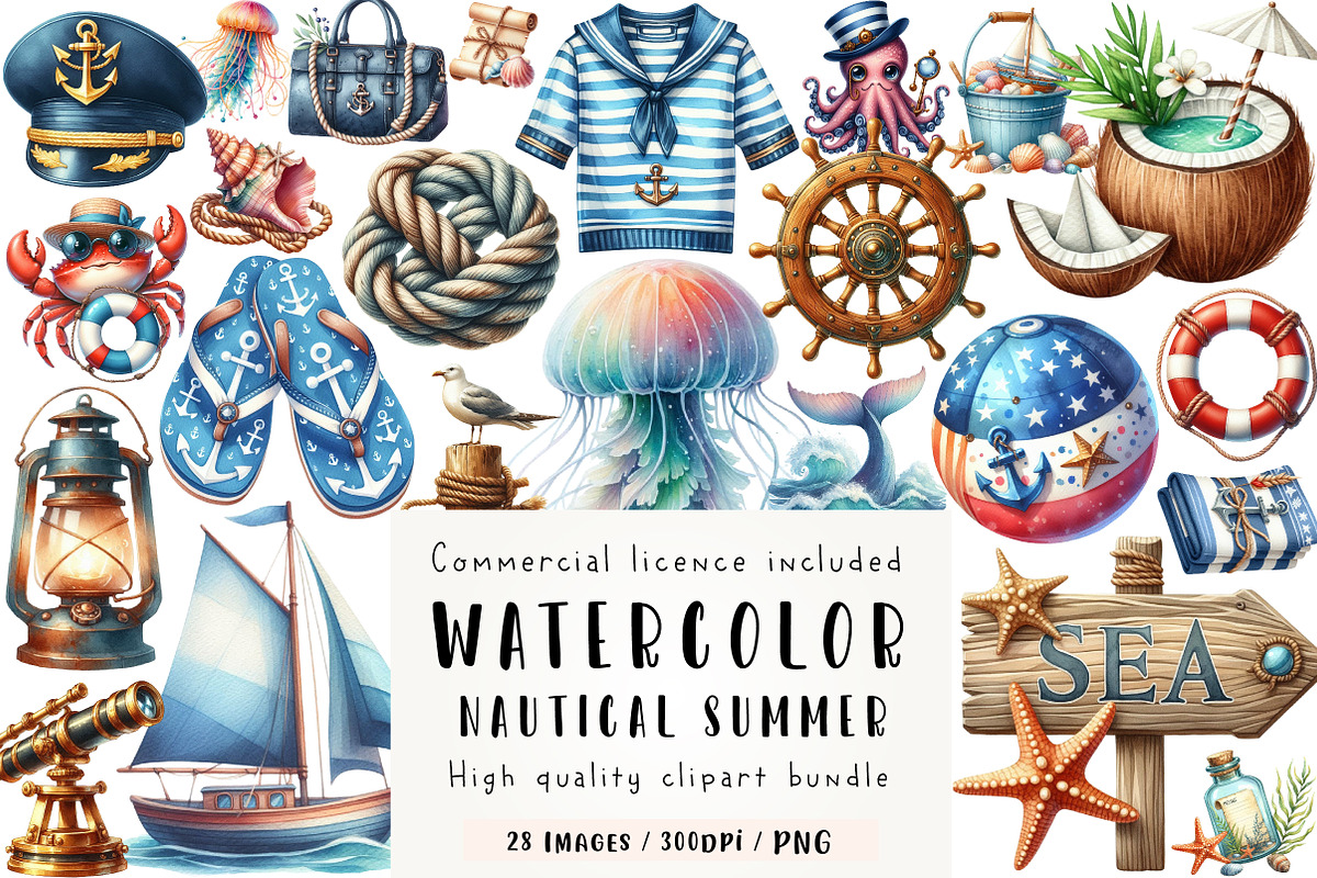 Watercolor Nautical Summer Clipart, an Illustration by CreationArt (Photo 1 of 5)