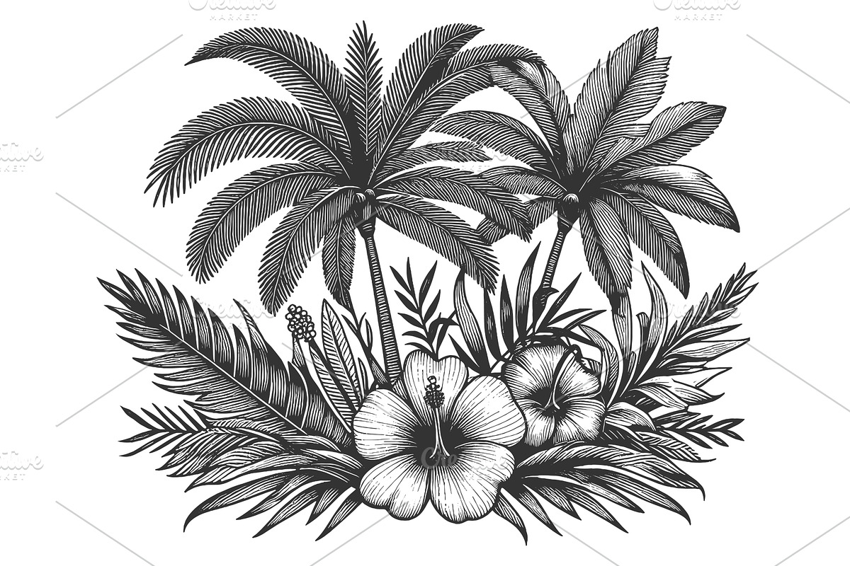 Tropical Palm Trees and Hibiscus, an Object Illustration by AlexArt