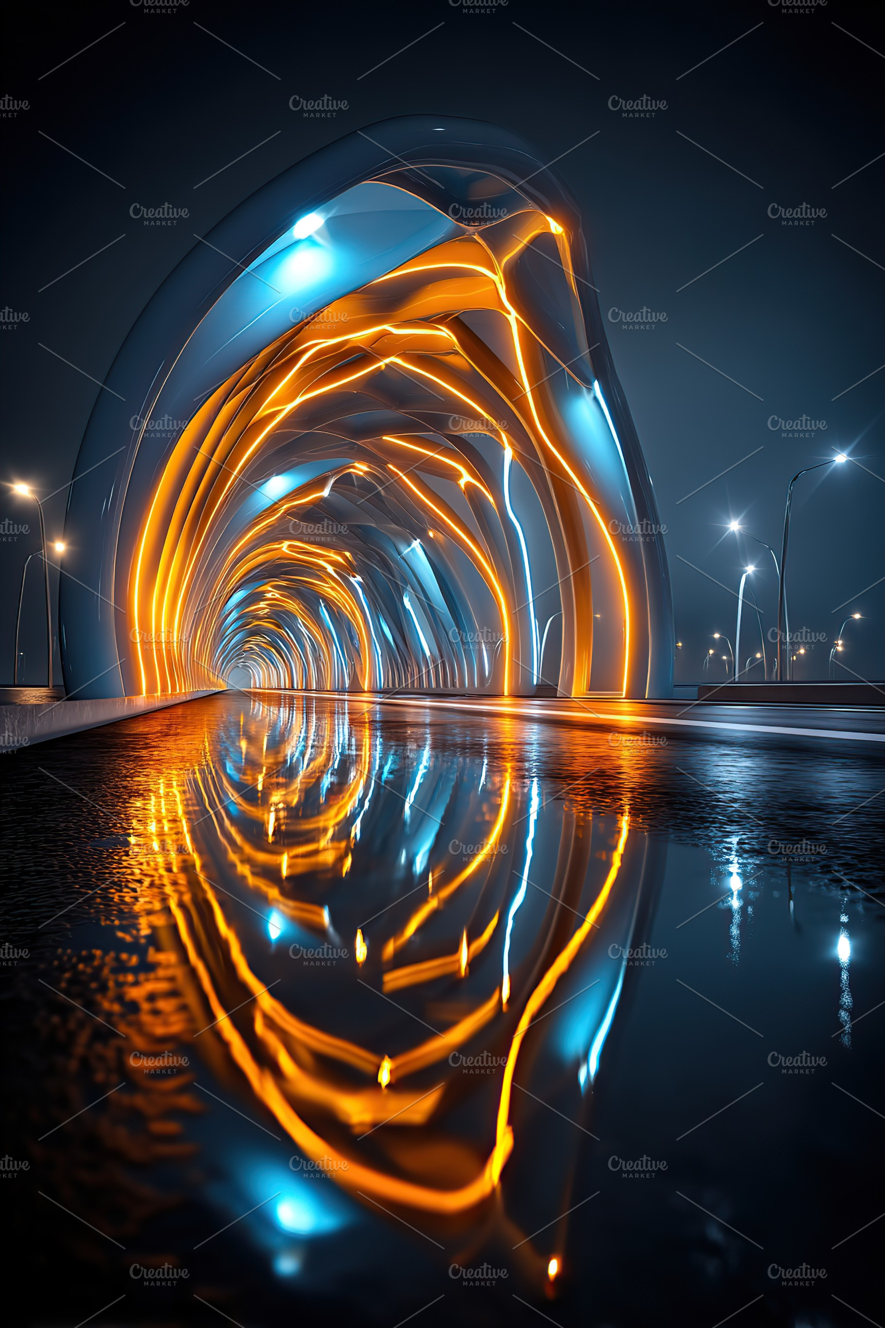 Vibrant neon rays illuminate an urban tunnel at night, creating a mesmerizing a, an Abstract Photo by AlyaAnd