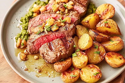 Steak and roasted potatoes on a ceramic plate, homemade food, a Photo by Anneleven