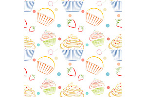 Cupcakes Food Pattern. Seamless Vector Background With Muffins