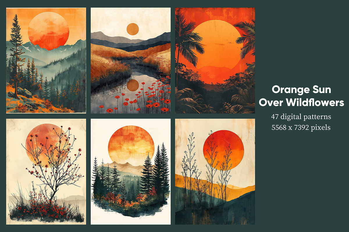 Orange Sun Over Wildflowers, a Decorative Illustration by Housui Patterns (Photo 6 of 8)
