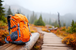 Bright hiking backpack in misty forest, a Sports & Recreation Photo by AlyaAnd
