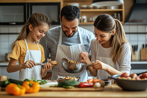 Family enjoys cooking together, a Photo by Pavel_design