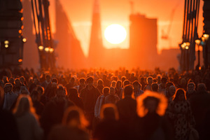 Crowded London Bridge at sunset with busy pedestrian traffic and urban silhouet, a Person Photo by AS photostudio
