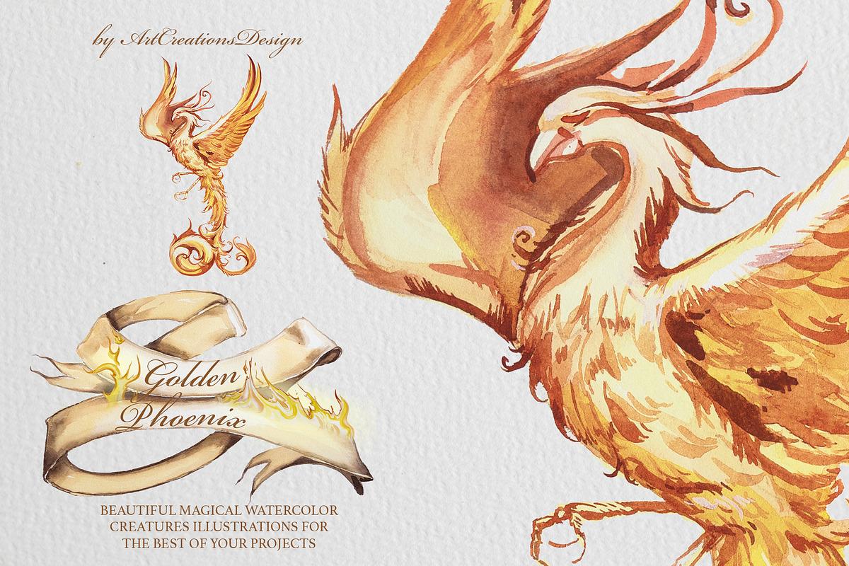 Watercolor Golden Phoenix Clipart, an Animal Illustration by ArtCreationsDesign (Photo 10 of 10)
