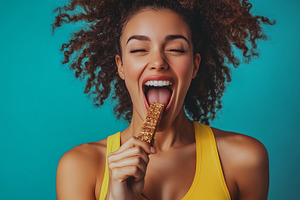 Cheerful athlete woman eats bar, a Sports & Recreation Photo by MistyDay