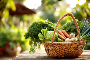Fresh garden vegetables in a woven basket displayed on a wooden table in the su, a Photo by AlyaAnd