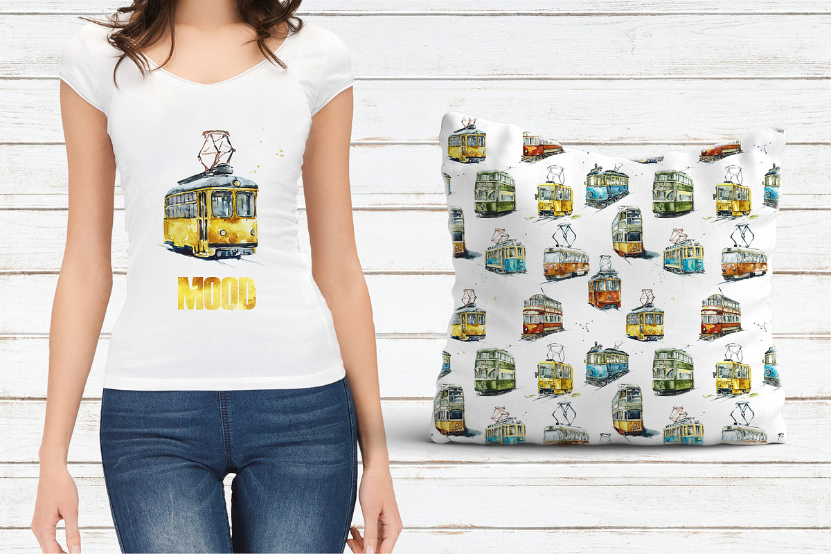 Watercolor Tramcars, a Transportation Illustration by Budogoshch (Photo 8 of 9)