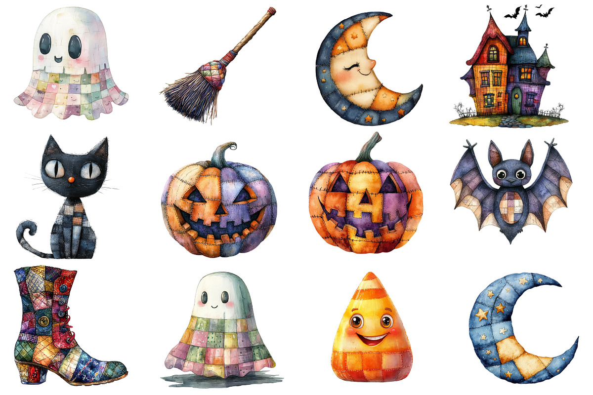 Patchwork Halloween Clipart Bundle, a Work Illustration by cherrydesign (Photo 2 of 4)