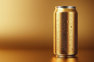A sleek gold can covered in droplets, standing against a shimmering golden back, a Background Photo by ImageMir
