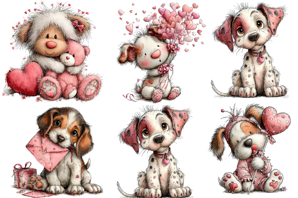 Whimsical Valentine Dogs Clipart, an Illustration by DreamArtGraphic (Photo 3 of 5)