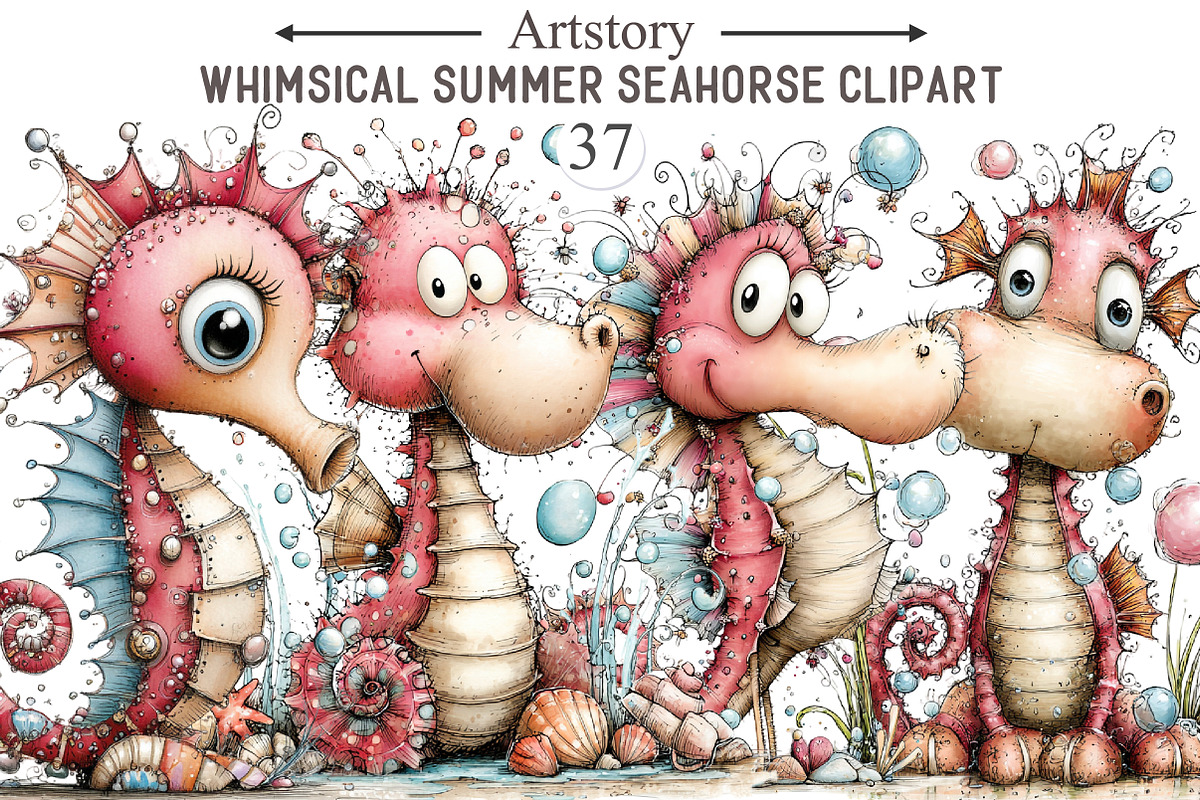 Whimsical Summer Seahorse Clipart, an Illustration by designcity5 (Photo 1 of 5)