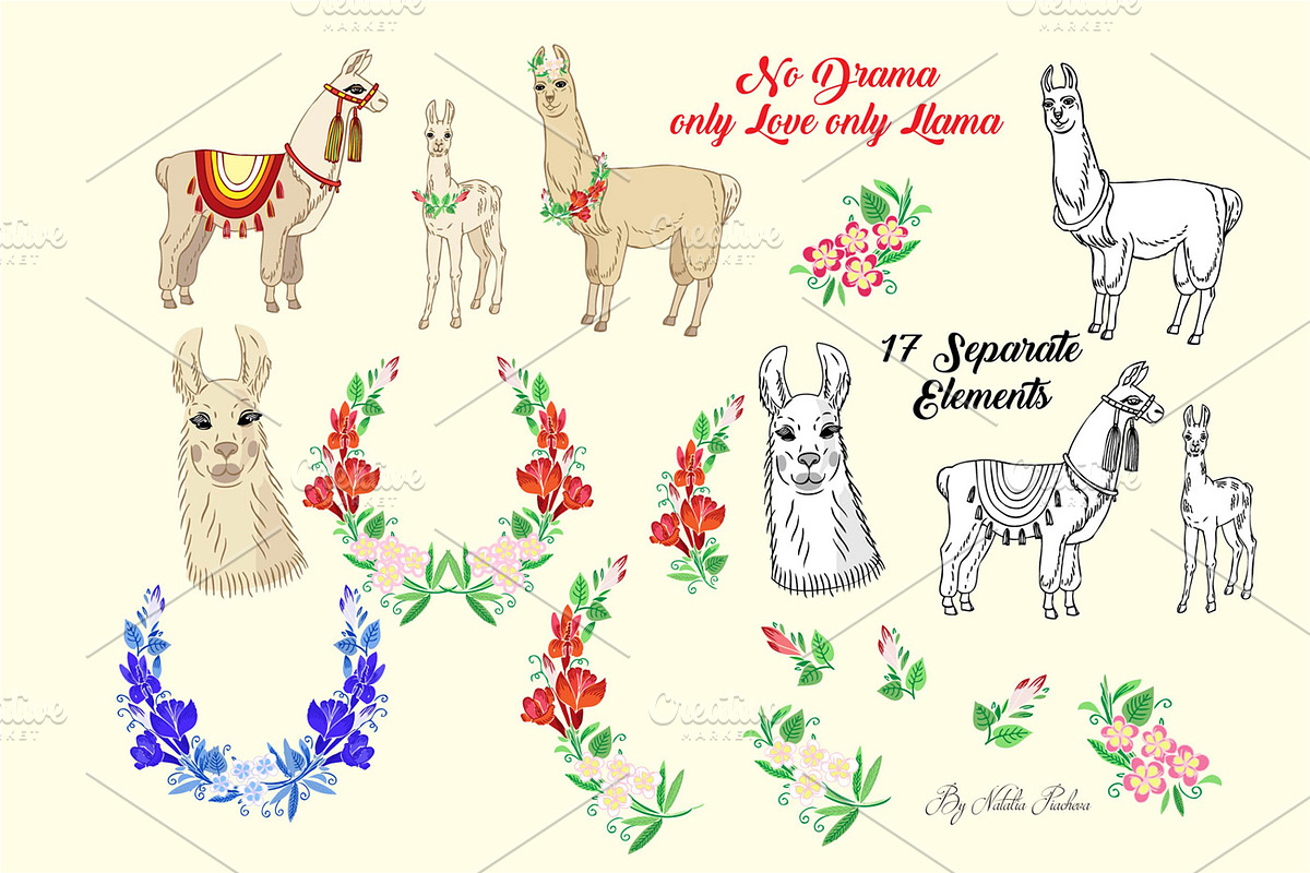 Llama Clipart with red flowers, an Animal Illustration by Nataliapiache (Photo 2 of 5)