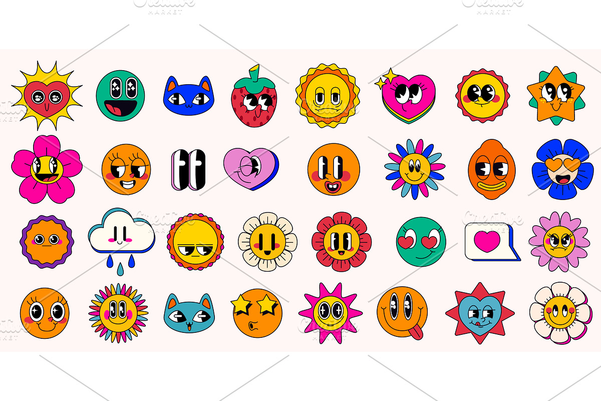 Vibrant retro pop emoticon set, an Object Illustration by art PVP - market