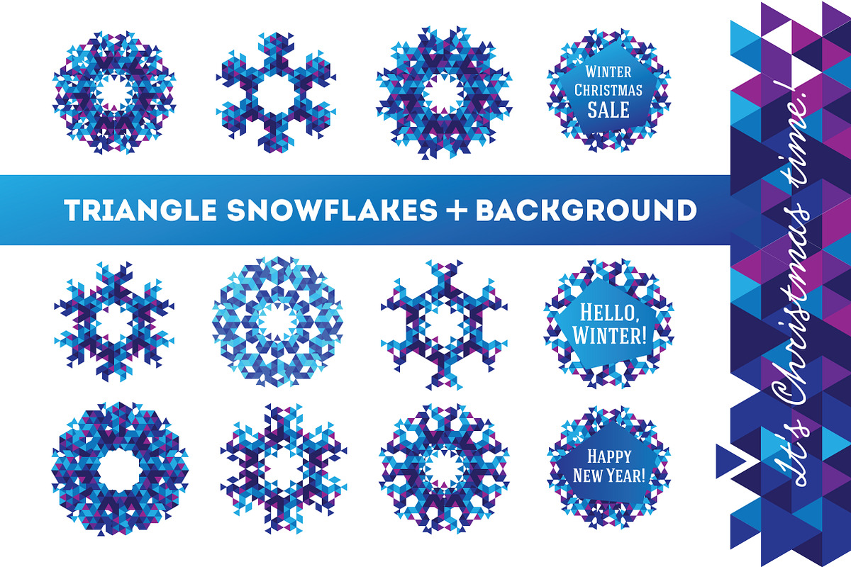 Triangle snowflakes +background pack, an Illustration by Olyzel (Photo 1 of 4)