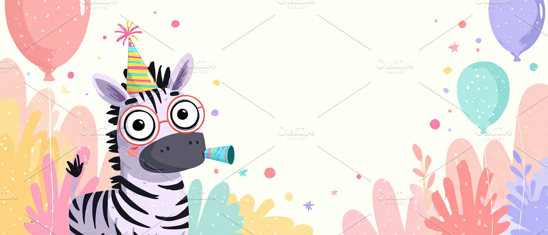 Cute zebra in party hat with balloons and confetti on pastel bac, an Animal Photo by Ales Munt