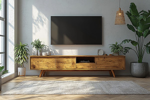Modern bright living room with wooden furniture and plants near natural light w, a Photo by AS photostudio