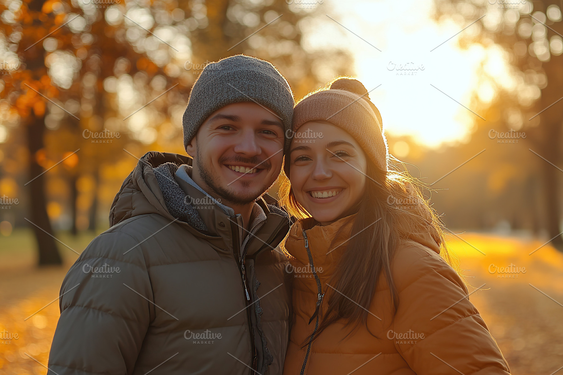 Beautiful young couple in a warm modern clothes in autumn park, a Photo by AlyaAnd