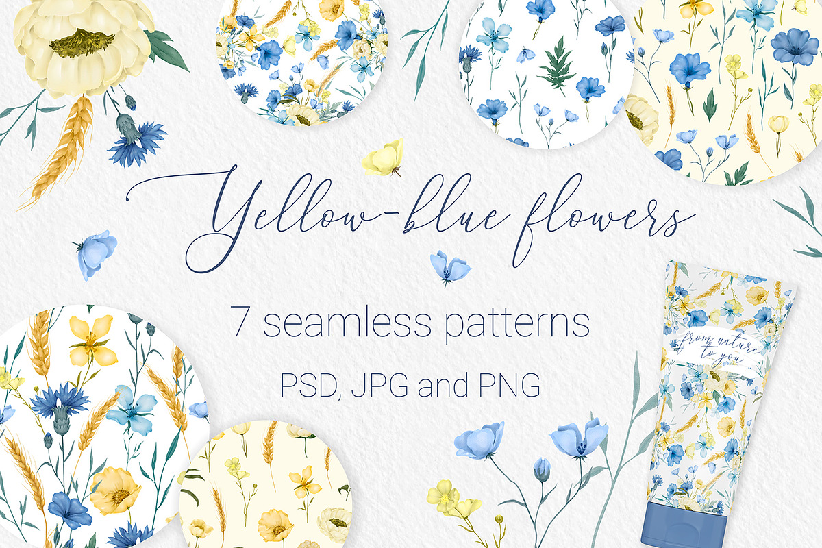 Yellow-blue flowers. 7 patterns, a Pattern Graphic by HmarkaShop (Photo 1 of 5)