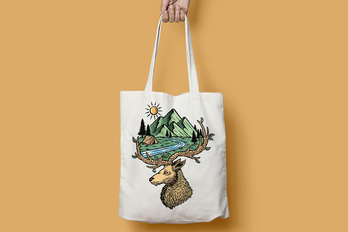mountain view and deer in nature, an Animal Illustration by gunaonedesign (Photo 3 of 4)