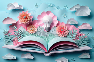 Open book with pastel paper flowers, light bulb and clouds in a, a Background Photo by José Manuel Gelpi