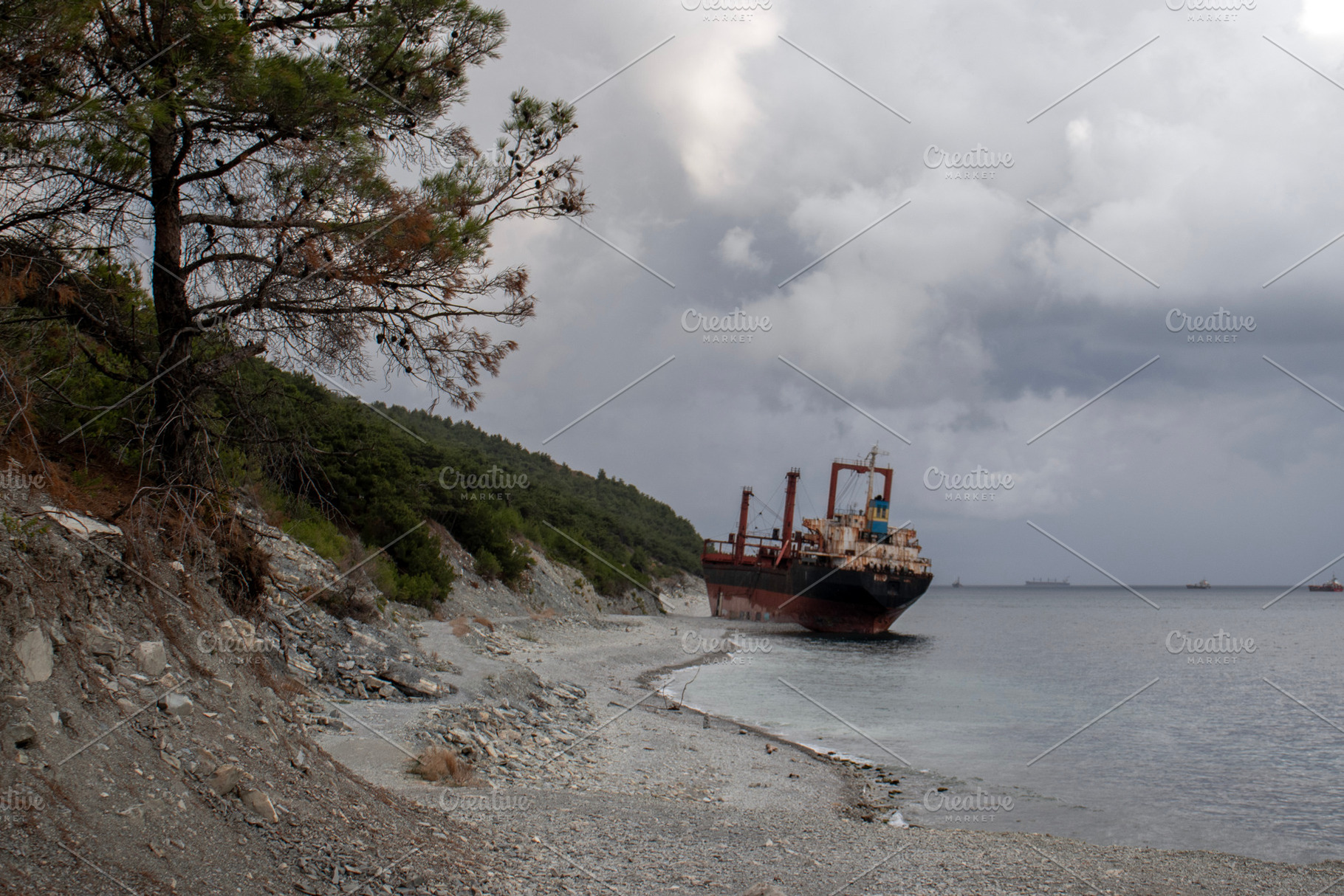 A seascape with a ship stranded, a Transportation Photo by Schreibikus