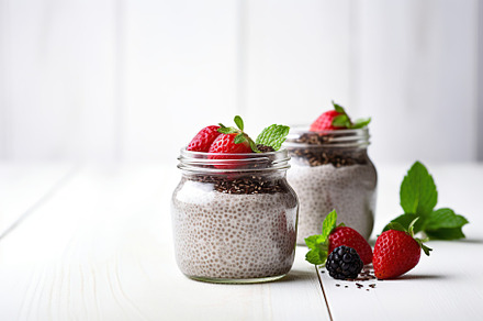 Chia pudding with berries in glasses on white background, a Food & Drink Photo by AlyaAnd