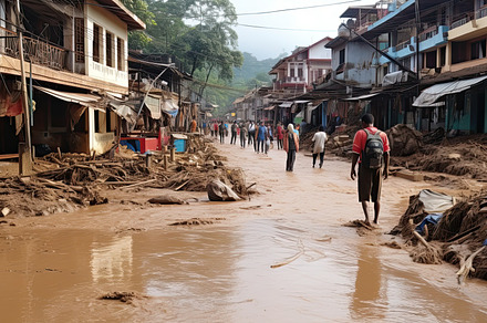 Flooding in an African country, with washed out roads, damaged houses and rubbi