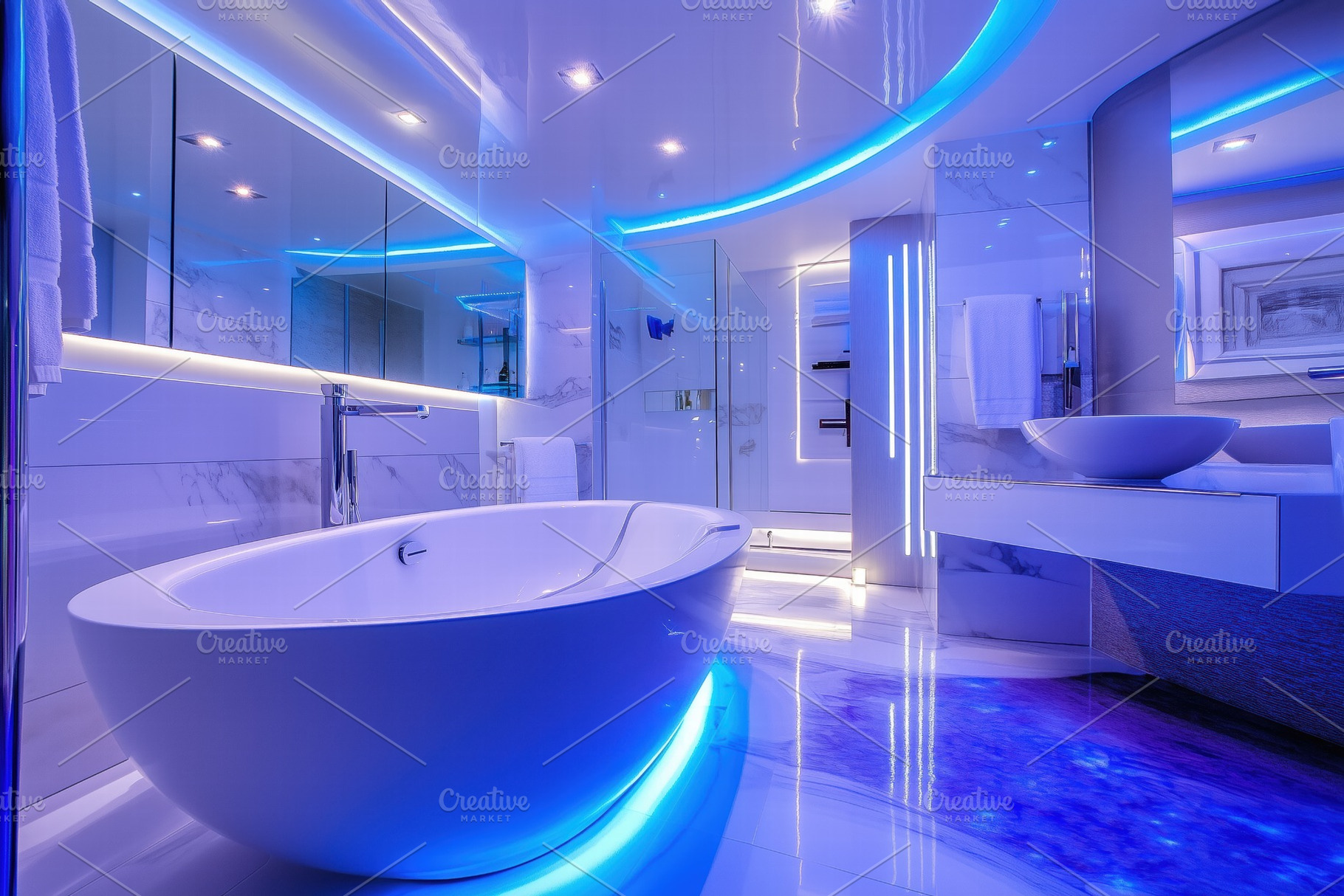 A modern Futuristic interior design style bathroom featuring a sleek ...