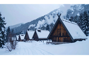 Snow-covered wooden cabins in a, a Holiday Photo by Igor Tichonow