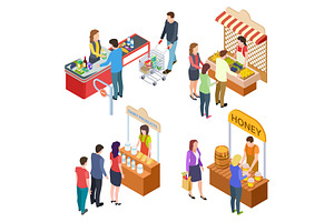 People Buy Food. Isometric Grocery