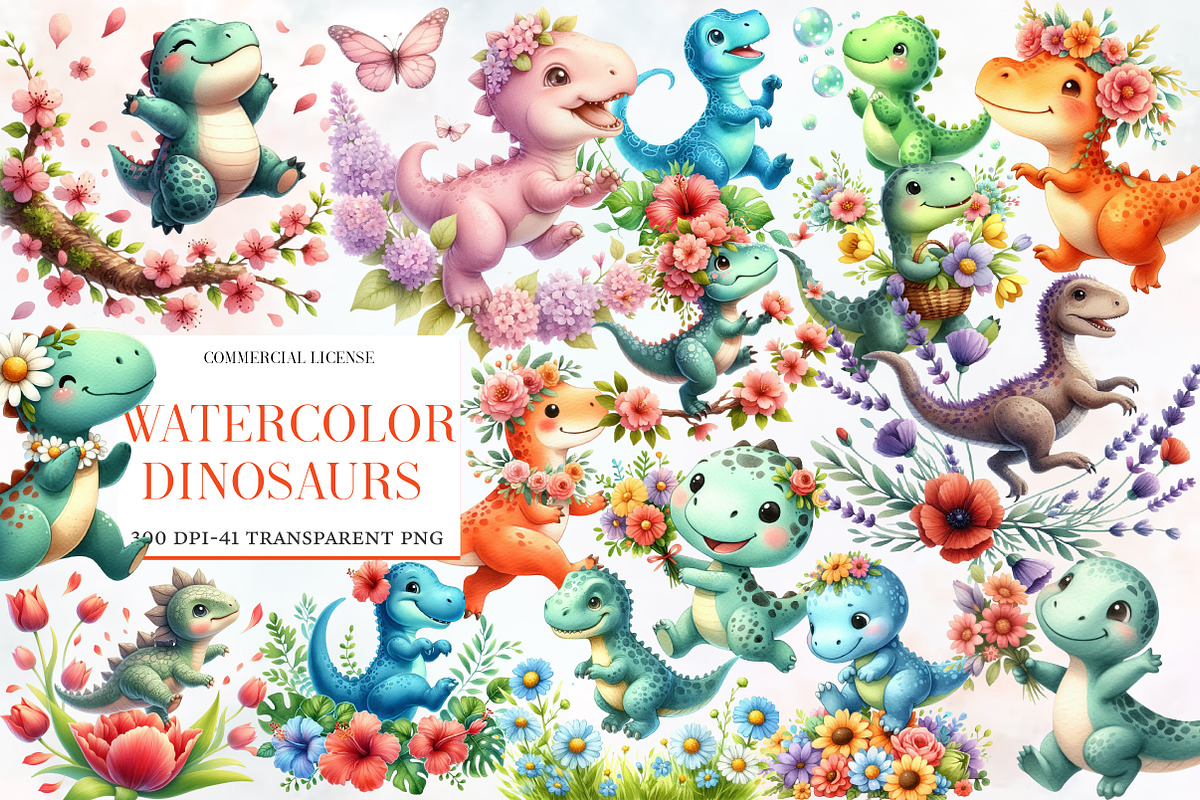 Dinosaurs Watercolor Clipart, an Illustration by Designworld (Photo 1 of 6)