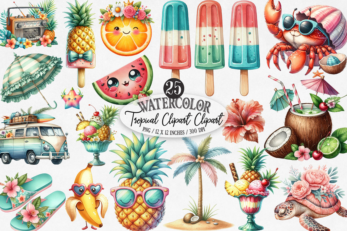 Cute Summer Tropical Clipart, an Illustration by Designking (Photo 1 of 4)